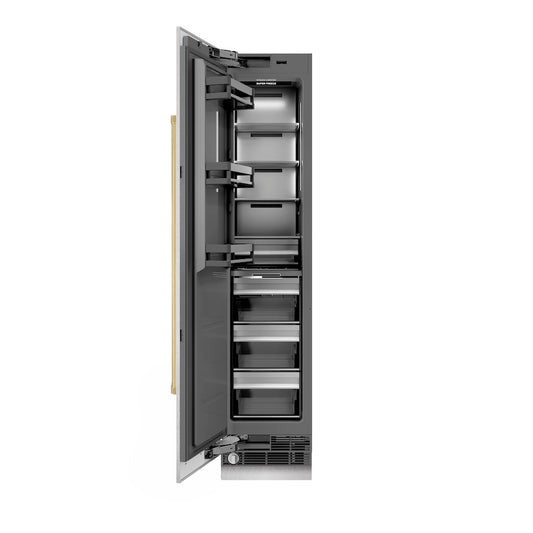 ZLINE Autograph Edition 18 in. 8.6 cu. ft. Left Hinge Column Freezer in Satin Stainless Steel with Graphite Gray Interior and Polished Gold Accents (RCFVLZ-SN-18-G) front, open.