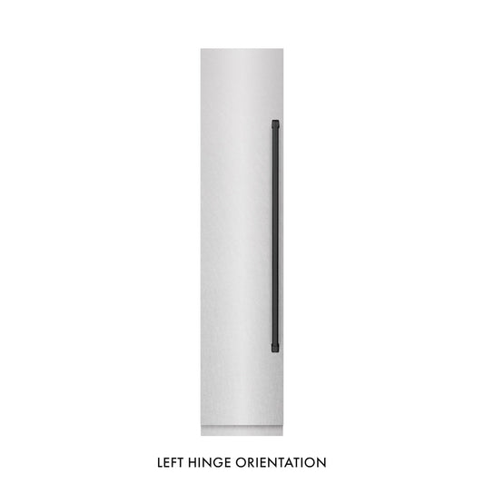 ZLINE Autograph Edition 18 in. 8.6 cu. ft. Left Hinge Column Freezer in Satin Stainless Steel with Graphite Gray Interior and Matte Black Accents (RCFVLZ-SN-18-MB) front, closed.