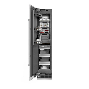 ZLINE Autograph Edition 18 in. 8.6 cu. ft. Left Hinge Column Freezer in Satin Stainless Steel with Graphite Gray Interior and Matte Black Accents (RCFVLZ-SN-18-MB) front, open, with food inside.