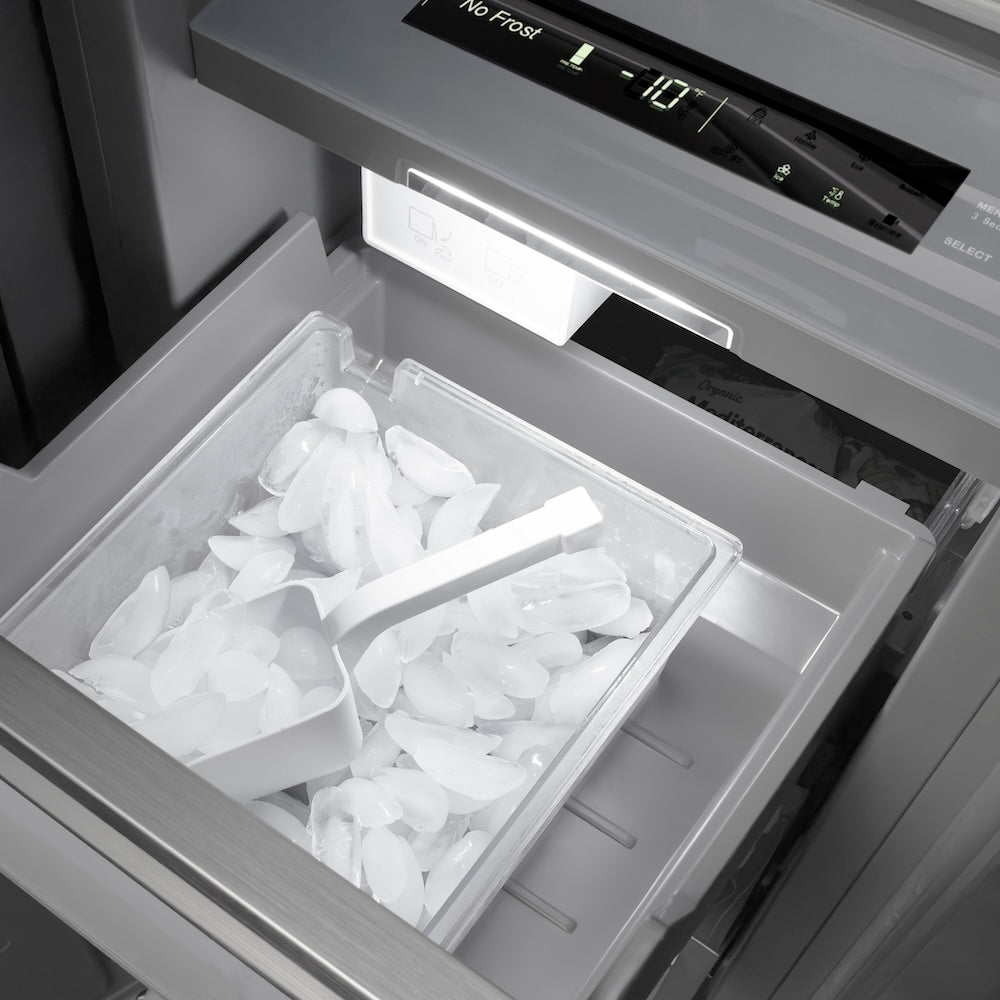 ZLINE 18 in. 8.6 cu. ft. Right Hinge Column Freezer in Satin Stainless Steel with Graphite Gray Interior (RCFVR-SN-18) ice and ice scoop.