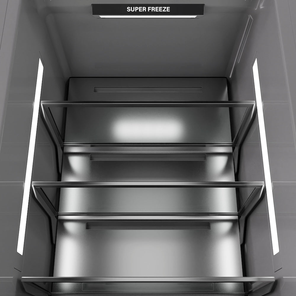 ZLINE 18 in. 8.6 cu. ft. Right Hinge Column Freezer in Satin Stainless Steel with Graphite Gray Interior (RCFVR-SN-18) interior illumination.