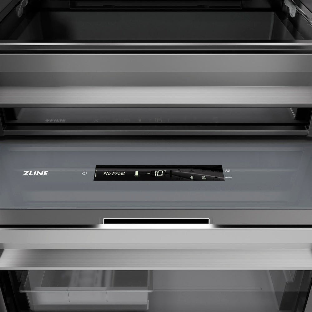 ZLINE 18 in. 8.6 cu. ft. Right Hinge Column Freezer in Satin Stainless Steel with Graphite Gray Interior (RCFVR-SN-18) touch controls and display.