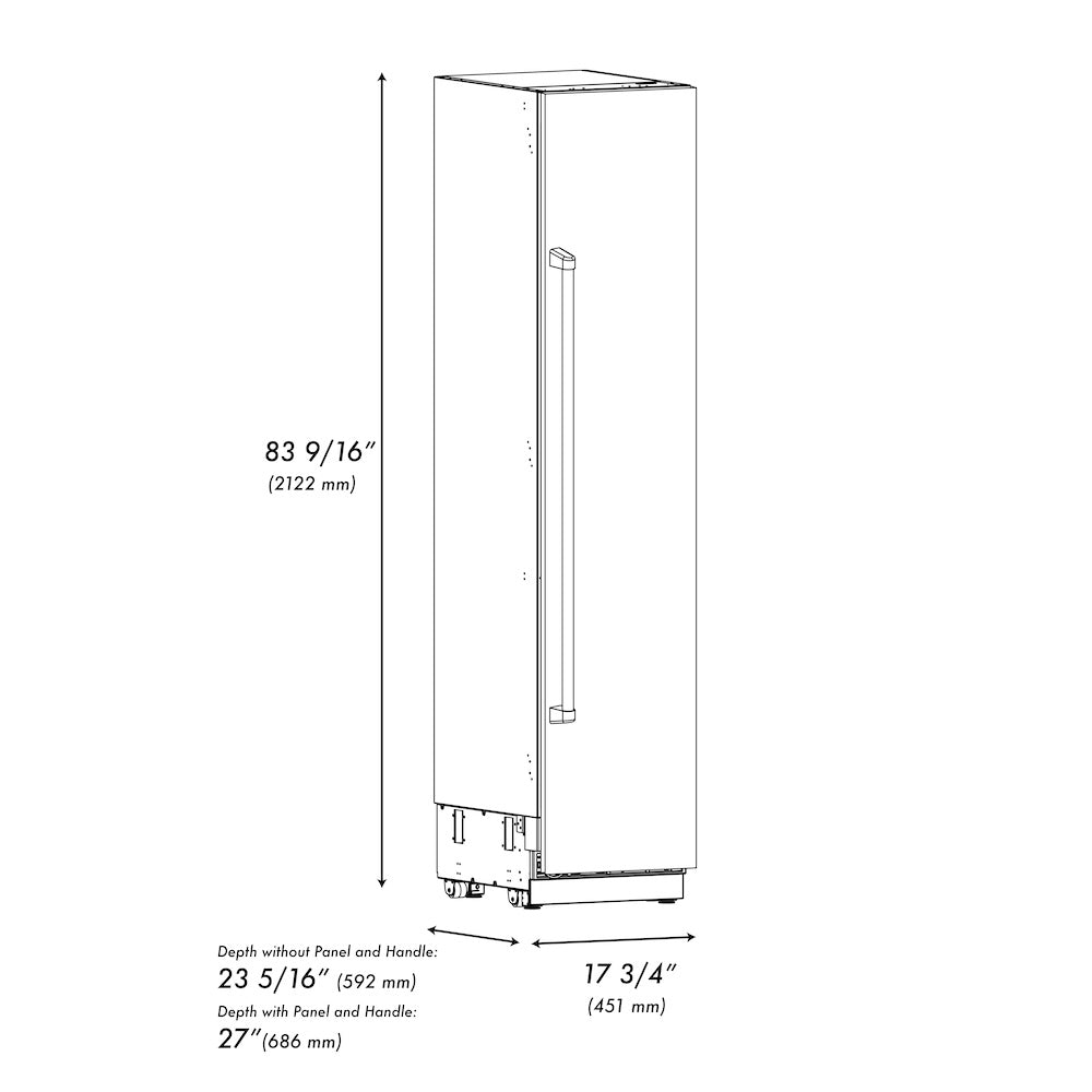 ZLINE 18 in. 8.6 cu. ft. Right Hinge Column Freezer in Satin Stainless Steel with Graphite Gray Interior (RCFVR-SN-18) dimensional diagram.