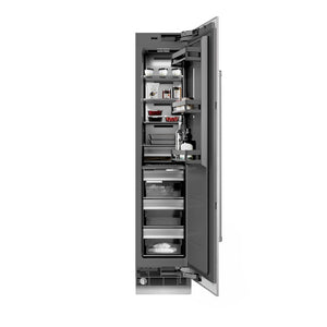 ZLINE 18 in. 8.6 cu. ft. Right Hinge Column Freezer in Satin Stainless Steel with Graphite Gray Interior (RCFVR-SN-18) front, open, with food inside.