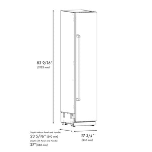 ZLINE Autograph Edition 18 in. 8.6 cu. ft. Right Hinge Column Freezer in Satin Stainless Steel with Graphite Gray Interior and Champagne Bronze Accents (RCFVRZ-SN-18-CB) dimensional diagram.