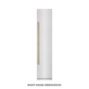 ZLINE Autograph Edition 18 in. 8.6 cu. ft. Right Hinge Column Freezer in Satin Stainless Steel with Graphite Gray Interior and Champagne Bronze Accents (RCFVRZ-SN-18-CB) front, closed.