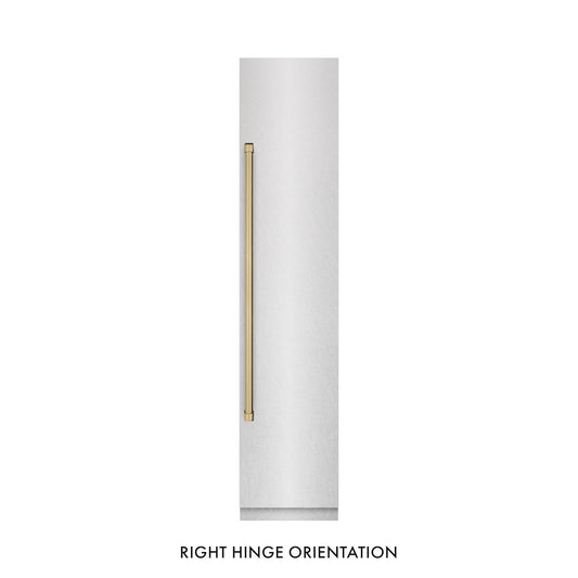 ZLINE Autograph Edition 18 in. 8.6 cu. ft. Right Hinge Column Freezer in Satin Stainless Steel with Graphite Gray Interior and Champagne Bronze Accents (RCFVRZ-SN-18-CB) front, closed.