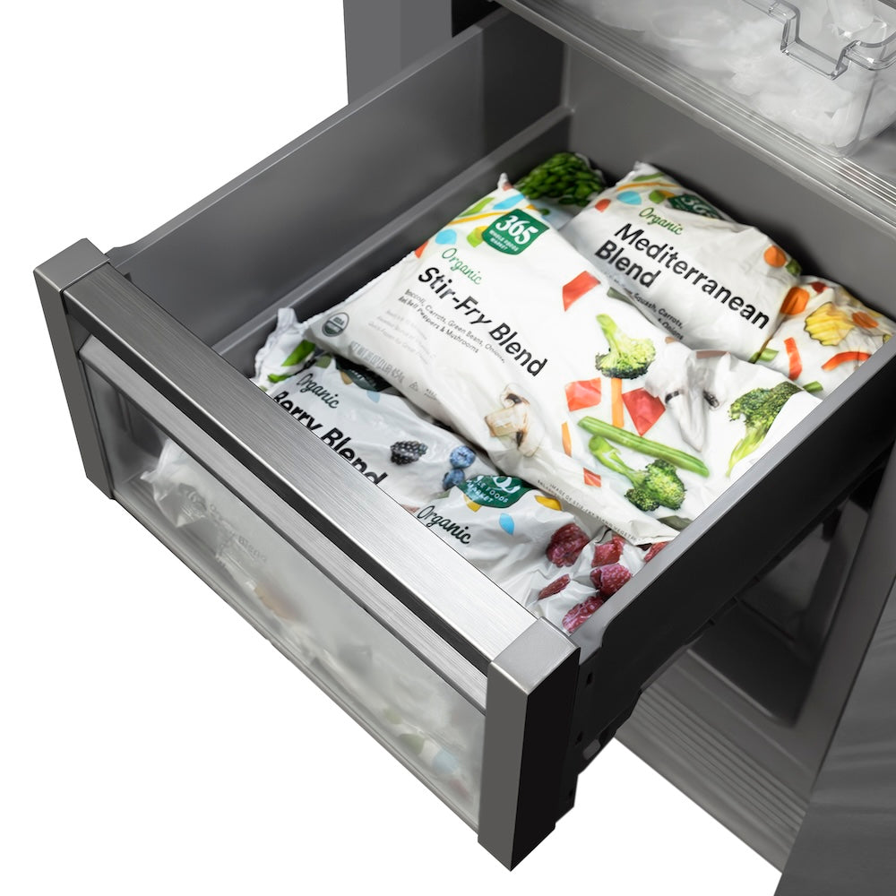 ZLINE Autograph Edition 18 in. 8.6 cu. ft. Right Hinge Column Freezer in Satin Stainless Steel with Graphite Gray Interior and Polished Gold Accents (RCFVRZ-SN-18-G) food inside drawers.