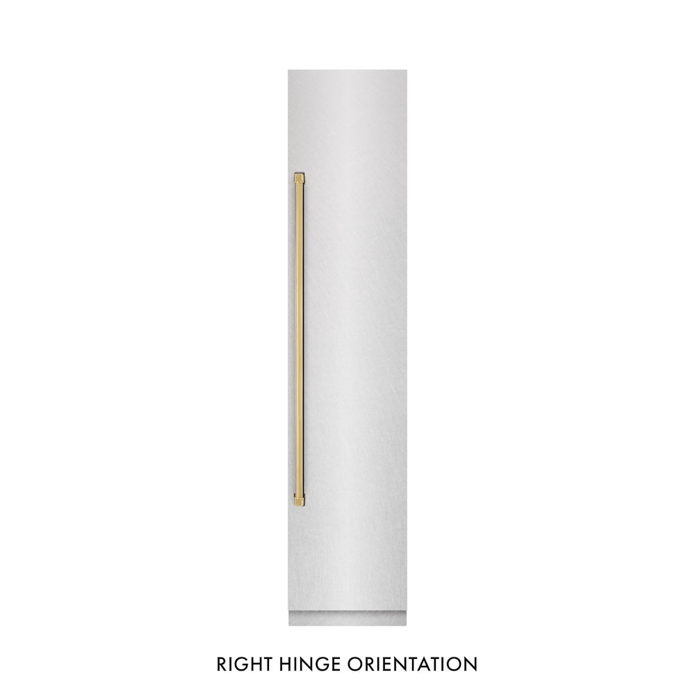 ZLINE Autograph Edition 18 in. 8.6 cu. ft. Right Hinge Column Freezer in Satin Stainless Steel with Graphite Gray Interior and Polished Gold Accents (RCFVRZ-SN-18-G) front, closed.