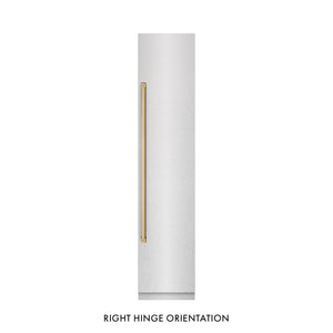 ZLINE Autograph Edition 18 in. 8.6 cu. ft. Right Hinge Column Freezer in Satin Stainless Steel with Graphite Gray Interior and Polished Gold Accents (RCFVRZ-SN-18-G) front, closed.