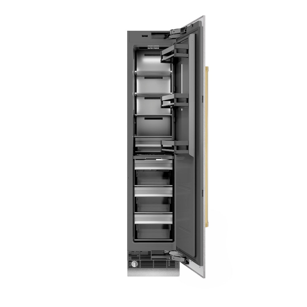 ZLINE Autograph Edition 18 in. 8.6 cu. ft. Right Hinge Column Freezer in Satin Stainless Steel with Graphite Gray Interior and Polished Gold Accents (RCFVRZ-SN-18-G) front, open.