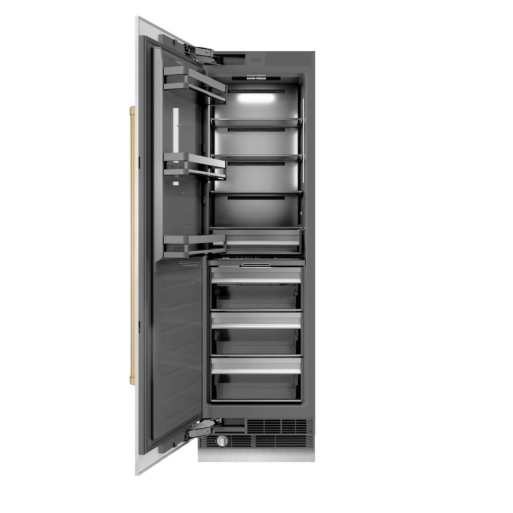ZLINE Autograph Edition 24 in. 12.4 cu. ft. Column Freezer in Satin Stainless Steel with Graphite Gray Interior and Champagne Bronze Accents (RCFVZ-SN-24-CB) front, open.