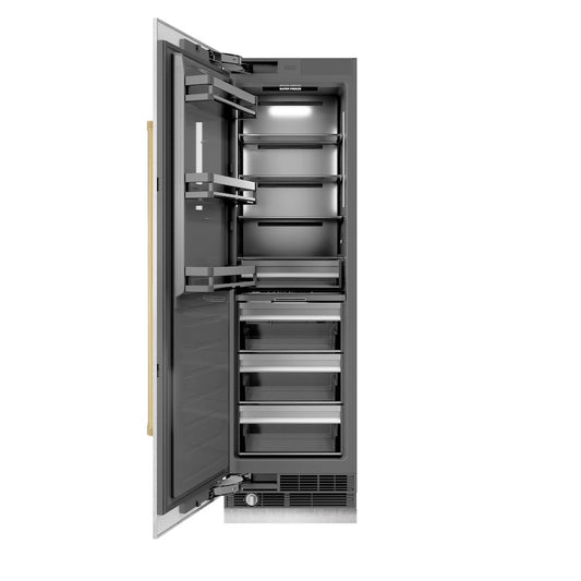 ZLINE Autograph Edition 24 in. 12.4 cu. ft. Column Freezer in Satin Stainless Steel with Graphite Gray Interior and Polished Gold Accents (RCFVZ-SN-24-G) front, open.