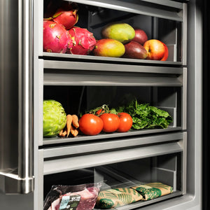 ZLINE 30 in. 16.7 cu. ft. Column Refrigerator in Satin Stainless Steel with Graphite Gray Interior (RCRV-SN-30) food inside drawers.