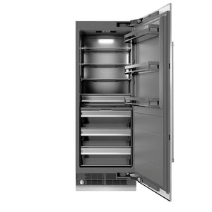 ZLINE 30 in. 16.7 cu. ft. Column Refrigerator in Satin Stainless Steel with Graphite Gray Interior (RCRV-SN-30) front, open.