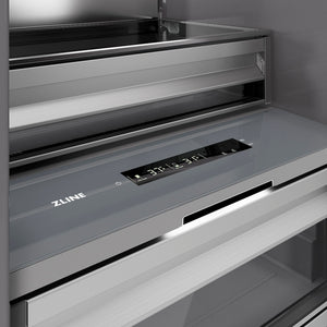 ZLINE Autograph Edition 24 in. 12.5 cu. ft. Column Refrigerator in Satin Stainless Steel with Graphite Gray Interior and Champagne Bronze Accents (RCRVZ-SN-24-CB) touch controls and display.