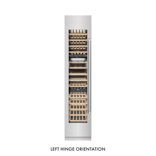 ZLINE 18 in. 9.0 cu. ft. Triple Zone 68 Bottle Left Hinge Column Wine Cooler in Satin Stainless Steel (RCWVL-SN-18) front, closed.