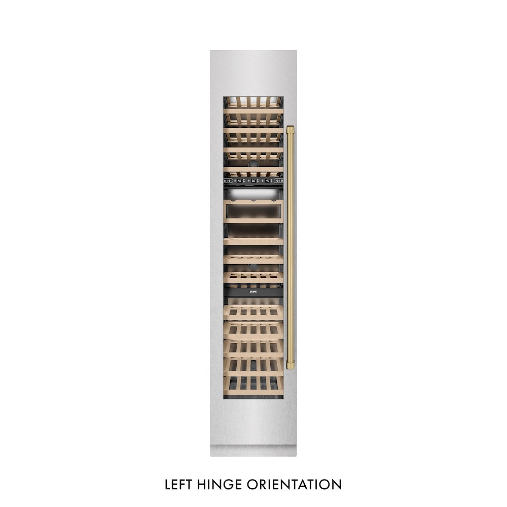 ZLINE Autograph Edition 18 in. 9.0 cu. ft. Triple Zone 68 Bottle Left Hinge Column Wine Cooler in Satin Stainless Steel with Champagne Bronze Accents (RCWVLZ-SN-18-CB) front, closed.