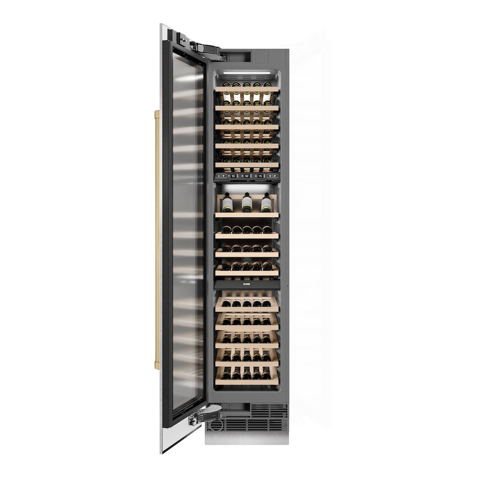 ZLINE Autograph Edition 18 in. 9.0 cu. ft. Triple Zone 68 Bottle Left Hinge Column Wine Cooler in Satin Stainless Steel with Champagne Bronze Accents (RCWVLZ-SN-18-CB) front, open.
