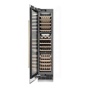 ZLINE Autograph Edition 18 in. 9.0 cu. ft. Triple Zone 68 Bottle Left Hinge Column Wine Cooler in Satin Stainless Steel with Champagne Bronze Accents (RCWVLZ-SN-18-CB) front, open.