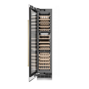 ZLINE Autograph Edition 18 in. 9.0 cu. ft. Triple Zone 68 Bottle Left Hinge Column Wine Cooler in Satin Stainless Steel with Champagne Bronze Accents (RCWVLZ-SN-18-CB) front, open.