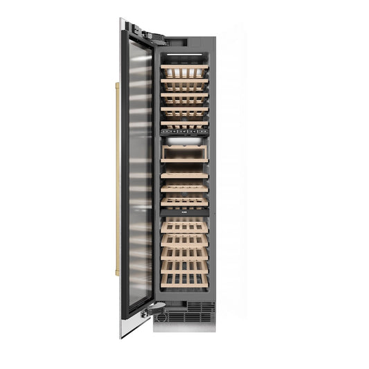 ZLINE Autograph Edition 18 in. 9.0 cu. ft. Triple Zone 68 Bottle Left Hinge Column Wine Cooler in Satin Stainless Steel with Champagne Bronze Accents (RCWVLZ-SN-18-CB) front, open.