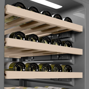 ZLINE Autograph Edition 18 in. 9.0 cu. ft. Triple Zone 68 Bottle Left Hinge Column Wine Cooler in Satin Stainless Steel with Polished Gold Accents (RCWVLZ-SN-18-G) grey interior.