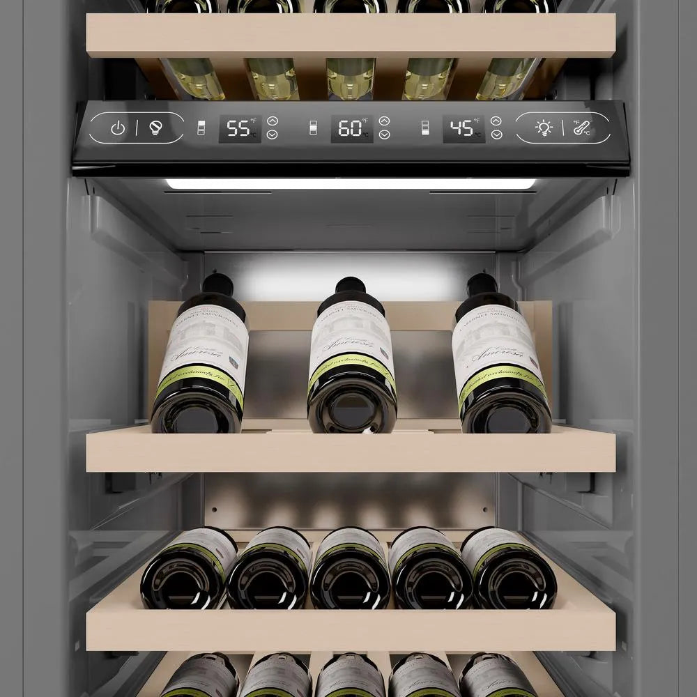 ZLINE Autograph Edition 18 in. 9.0 cu. ft. Triple Zone 68 Bottle Left Hinge Column Wine Cooler in Satin Stainless Steel with Polished Gold Accents (RCWVLZ-SN-18-G) internal storage racks and controls.