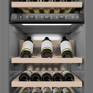 ZLINE Autograph Edition 18 in. 9.0 cu. ft. Triple Zone 68 Bottle Left Hinge Column Wine Cooler in Satin Stainless Steel with Polished Gold Accents (RCWVLZ-SN-18-G) internal storage racks and controls.