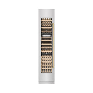 ZLINE Autograph Edition 18 in. 9.0 cu. ft. Triple Zone 68 Bottle Left Hinge Column Wine Cooler in Satin Stainless Steel with Polished Gold Accents (RCWVLZ-SN-18-G) front, closed.