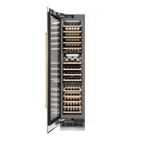 ZLINE Autograph Edition 18 in. 9.0 cu. ft. Triple Zone 68 Bottle Left Hinge Column Wine Cooler in Satin Stainless Steel with Polished Gold Accents (RCWVLZ-SN-18-G) front, open.