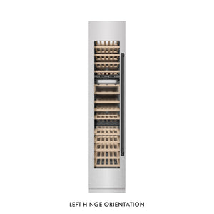 ZLINE Autograph Edition 18 in. 9.0 cu. ft. Triple Zone 68 Bottle Left Hinge Column Wine Cooler in Satin Stainless Steel with Matte Black Accents (RCWVLZ-SN-18-MB) front, closed.