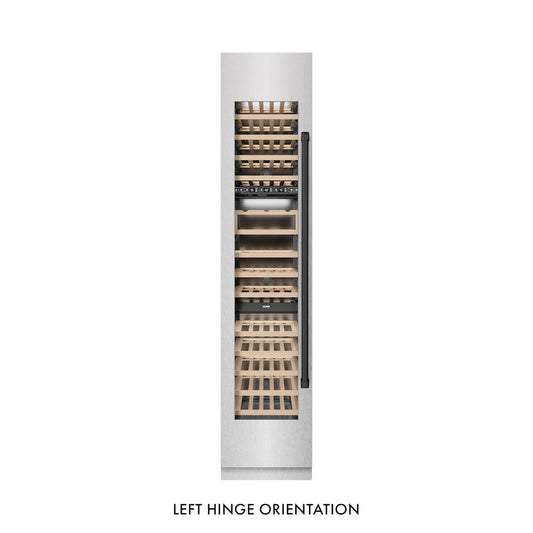 ZLINE Autograph Edition 18 in. 9.0 cu. ft. Triple Zone 68 Bottle Left Hinge Column Wine Cooler in Satin Stainless Steel with Matte Black Accents (RCWVLZ-SN-18-MB) front, closed.