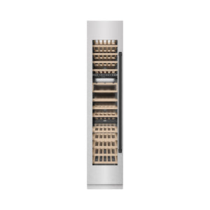 ZLINE Autograph Edition 18 in. 9.0 cu. ft. Triple Zone 68 Bottle Left Hinge Column Wine Cooler in Satin Stainless Steel with Matte Black Accents (RCWVLZ-SN-18-MB) front, closed.