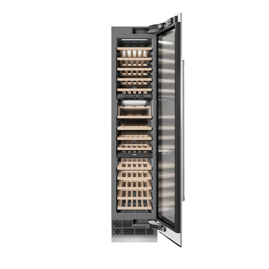 ZLINE 18 in. 9.0 cu. ft. Triple Zone 68 Bottle Right Hinge Column Wine Cooler in Satin Stainless Steel (RCWVR-SN-18) front, open.
