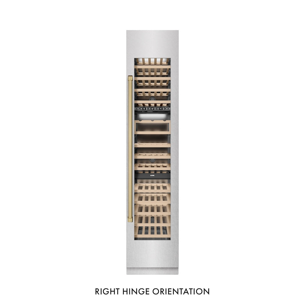 ZLINE Autograph Edition 18 in. 9.0 cu. ft. Triple Zone 68 Bottle Right Hinge Column Wine Cooler in Satin Stainless Steel with Champagne Bronze Accents (RCWVRZ-SN-18-CB) front, closed.