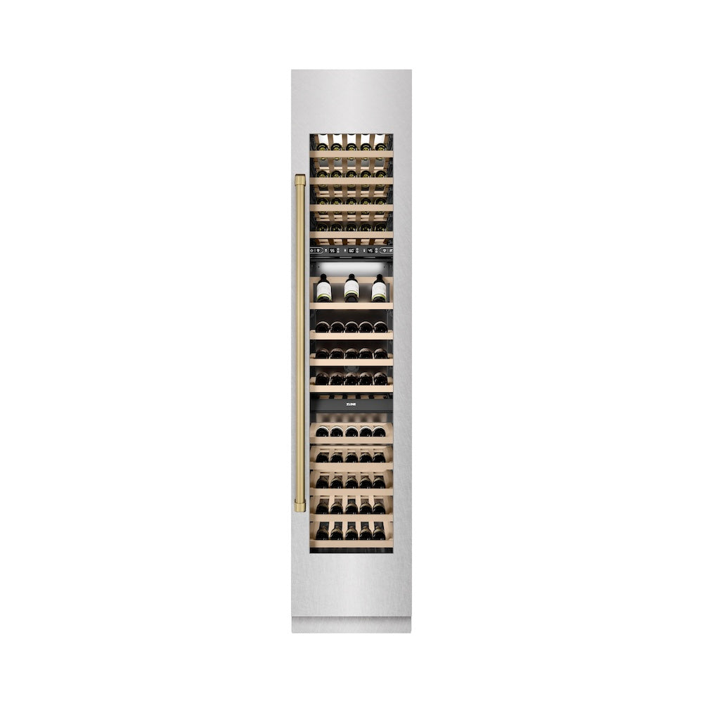 ZLINE Autograph Edition 18 in. 9.0 cu. ft. Triple Zone 68 Bottle Right Hinge Column Wine Cooler in Satin Stainless Steel with Champagne Bronze Accents (RCWVRZ-SN-18-CB) front, closed.