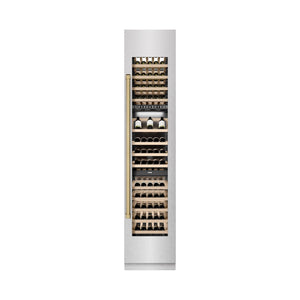 ZLINE Autograph Edition 18 in. 9.0 cu. ft. Triple Zone 68 Bottle Right Hinge Column Wine Cooler in Satin Stainless Steel with Champagne Bronze Accents (RCWVRZ-SN-18-CB) front, closed.