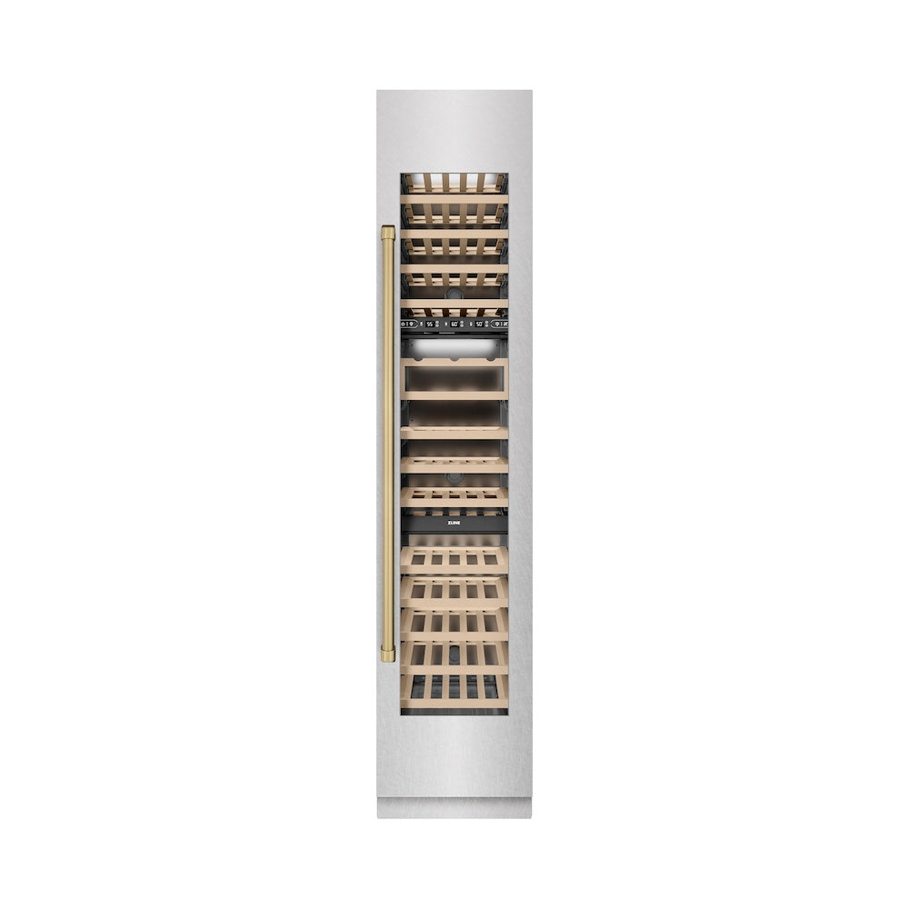 ZLINE Autograph Edition 18 in. 9.0 cu. ft. Triple Zone 68 Bottle Right Hinge Column Wine Cooler in Satin Stainless Steel with Champagne Bronze Accents (RCWVRZ-SN-18-CB) front, closed.