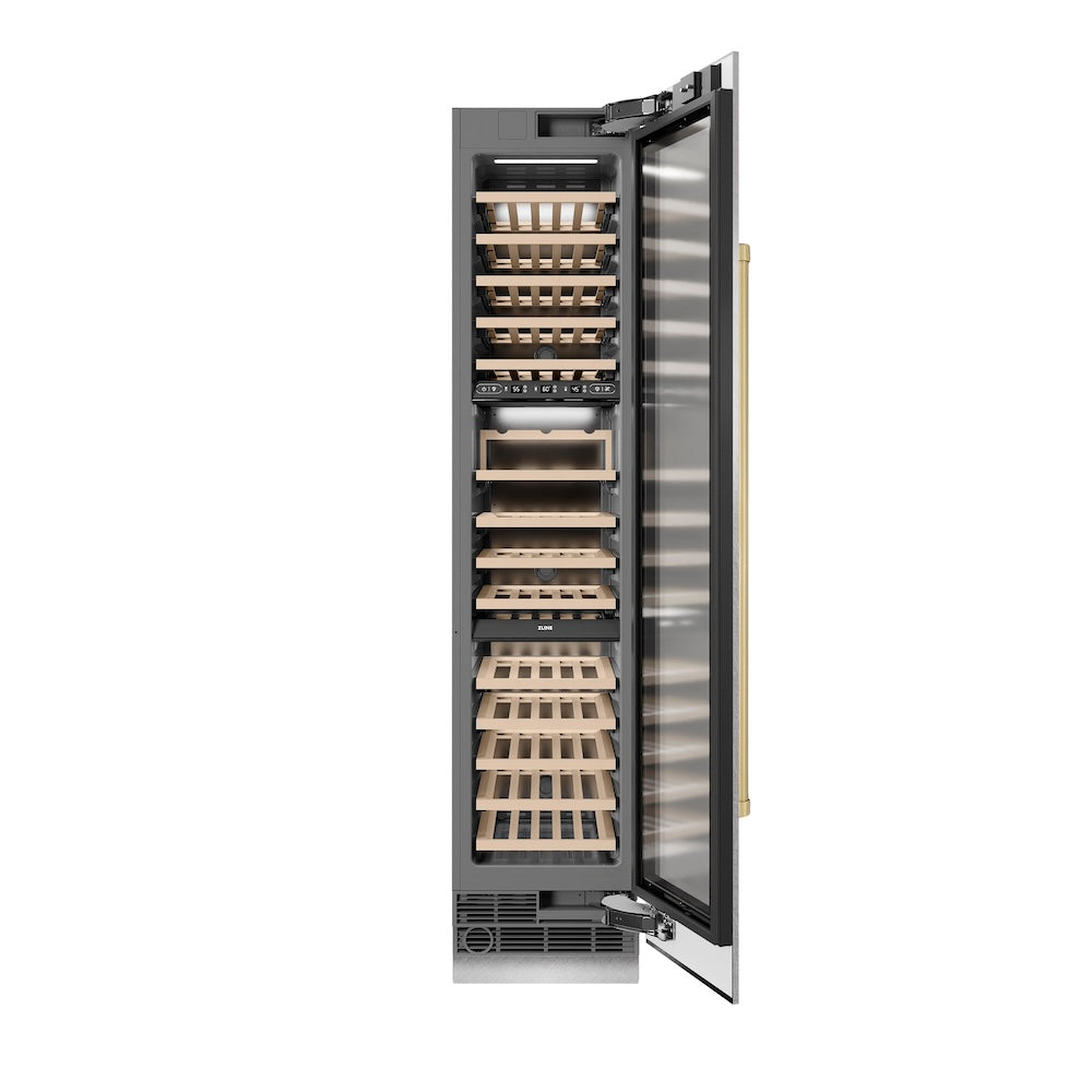 ZLINE Autograph Edition 18 in. 9.0 cu. ft. Triple Zone 68 Bottle Right Hinge Column Wine Cooler in Satin Stainless Steel with Champagne Bronze Accents (RCWVRZ-SN-18-CB) front, open.