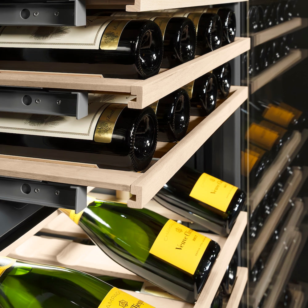 ZLINE Autograph Edition 18 in. 9.0 cu. ft. Triple Zone 68 Bottle Right Hinge Column Wine Cooler in Satin Stainless Steel with Polished Gold Accents (RCWVRZ-SN-18-G) wine on racks.