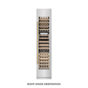 ZLINE Autograph Edition 18 in. 9.0 cu. ft. Triple Zone 68 Bottle Right Hinge Column Wine Cooler in Satin Stainless Steel with Polished Gold Accents (RCWVRZ-SN-18-G) front, closed.
