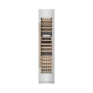 ZLINE Autograph Edition 18 in. 9.0 cu. ft. Triple Zone 68 Bottle Right Hinge Column Wine Cooler in Satin Stainless Steel with Polished Gold Accents (RCWVRZ-SN-18-G) front, closed.