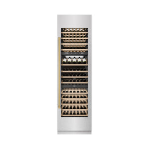 ZLINE Autograph Edition 24 in. 12.4 cu. ft. Triple Zone 100 Bottle Column Wine Cooler in Satin Stainless Steel and Polished Gold Accents (RCWVZ-SN-24-G) front, closed.