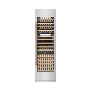 ZLINE Autograph Edition 24 in. 12.4 cu. ft. Triple Zone 100 Bottle Column Wine Cooler in Satin Stainless Steel and Polished Gold Accents (RCWVZ-SN-24-G) front, closed.