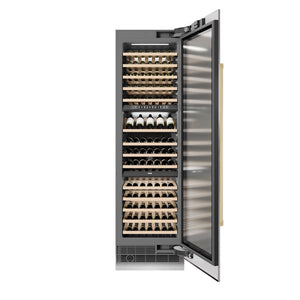 ZLINE Autograph Edition 24 in. 12.4 cu. ft. Triple Zone 100 Bottle Column Wine Cooler in Satin Stainless Steel and Polished Gold Accents (RCWVZ-SN-24-G) front, open.