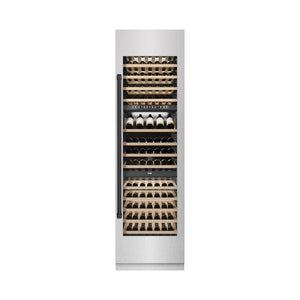 ZLINE Autograph Edition 24 in. 12.4 cu. ft. Triple Zone 100 Bottle Column Wine Cooler in Satin Stainless Steel and Matte Black Accents (RCWVZ-SN-24-MB) front, closed.