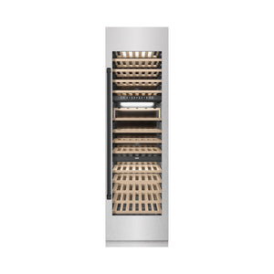 ZLINE Autograph Edition 24 in. 12.4 cu. ft. Triple Zone 100 Bottle Column Wine Cooler in Satin Stainless Steel and Matte Black Accents (RCWVZ-SN-24-MB) front, closed.