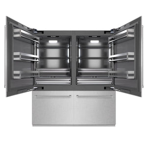 ZLINE 72 in. 39.6 cu. ft. French Door Built-In Bottom Freezer Refrigerator with Water Dispensers and Ice Makers in Satin Stainless Steel with Graphite Gray Interior (GRBIT-SN-72) front, open.