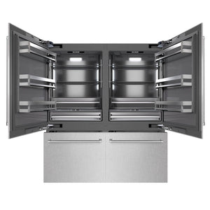ZLINE 72 in. 39.6 cu. ft. French Door Built-In Bottom Freezer Refrigerator with Water Dispensers and Ice Makers in Satin Stainless Steel with Graphite Gray Interior (GRBIT-SN-72) front, open.